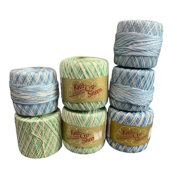 Knit-Cro-Sheen J&P Coats 100% Mercerized Cotton Yarn Greens & Blues Lot of 7 - Picture 1 of 12